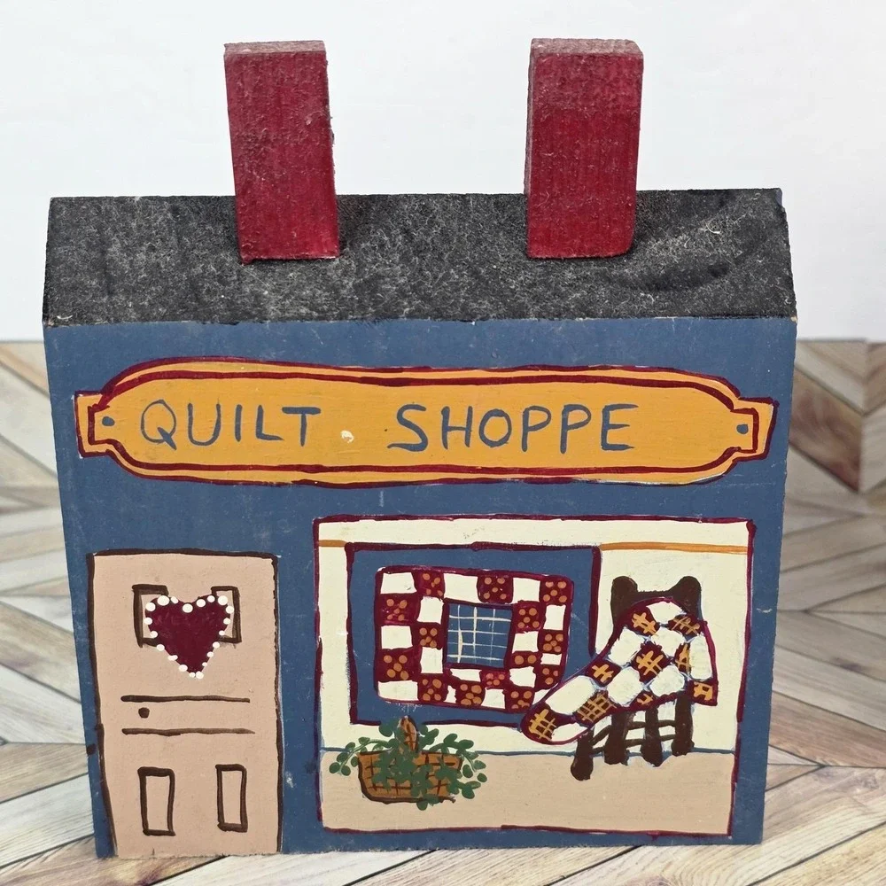 Vintage Set 3 Hand Painted Primitive Wooden Buildings Folk Art Shelf Decor
